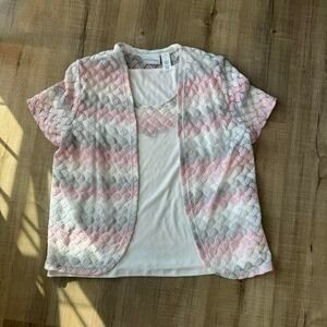 Y2K Alfred Dunner Crochet Twofer Women's Size Medium Pink Gray White Stripe Boho